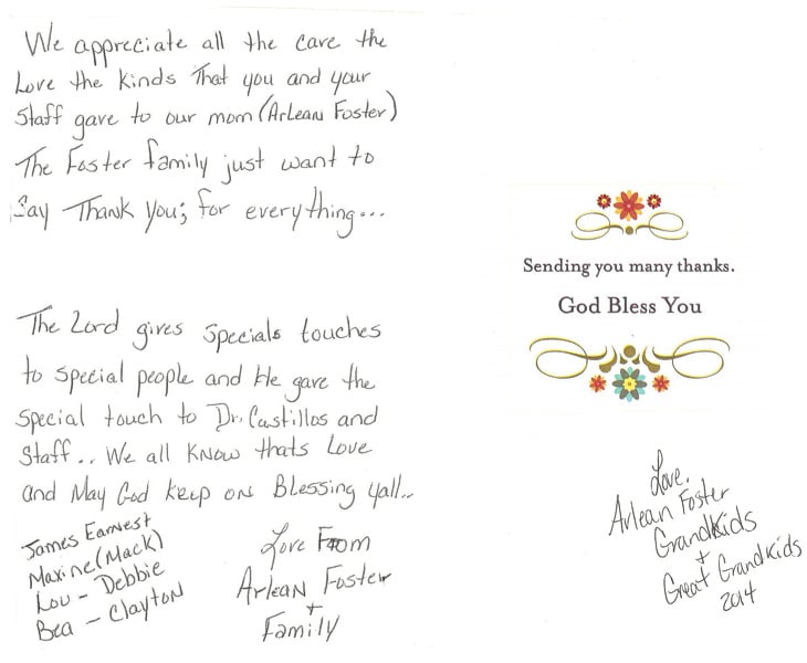 A hand written thank you, saying God bless you, representing a pleasant patient experience with our hematology and ontology clinic