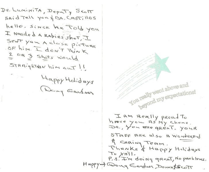 A hand written testimonial for another pleasent patient experience. This one has a shooting star graphic.