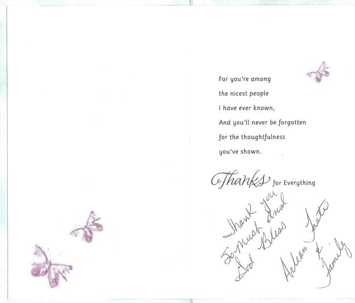 A thank you card with butterflies representing a good patient experience.